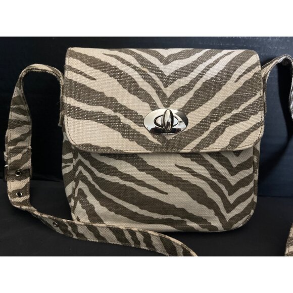 Chico’s Woven Zebra Pattern Crossbody Bag Adjustable Strap Tan & Dark Taupe - Picture 1 of 7